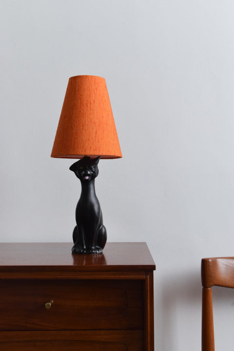 Vintage Kitsch 1950s Black Ceramic Cat Lamp with Orange Shade