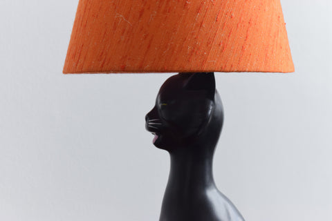Vintage Kitsch 1950s Black Ceramic Cat Lamp with Orange Shade