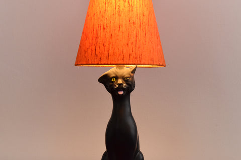 Vintage Kitsch 1950s Black Ceramic Cat Lamp with Orange Shade