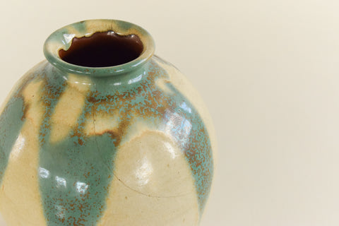 Vintage Large Studio Pottery Green and Beige Vase