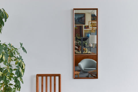 Vintage Long Thing Teak Framed Wall Mirror