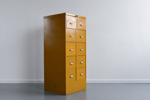 Vintage Mustard 10 Drawer Metal Filing Cabinet