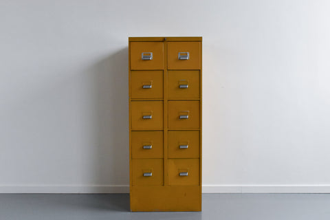 Vintage Mustard 10 Drawer Metal Filing Cabinet