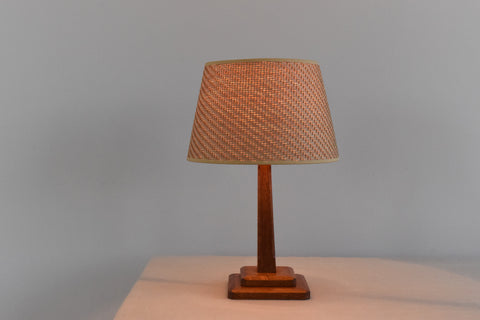 Vintage Oak Table Lamp with Rattan Shade
