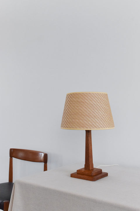Vintage Oak Table Lamp with Rattan Shade