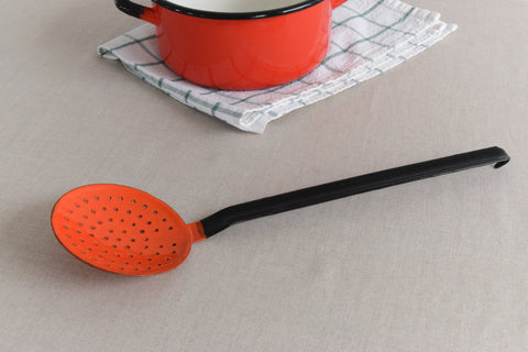 Vintage Orange and Black Enamel Straining Spoon