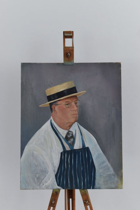 Vintage Original 1960s Oil on Board Portrait Painting of a Butcher by Cynthia Oliver