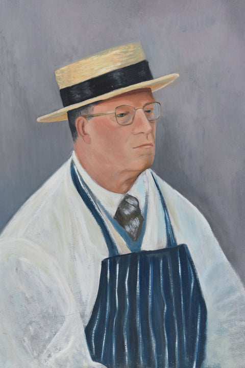 Vintage Original 1960s Oil on Board Portrait Painting of a Butcher by Cynthia Oliver