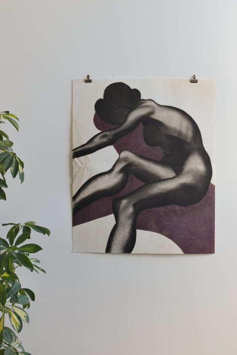 Vintage Original Female Nude Charcoal Drawing by Artist Robert Arthur Bramwell