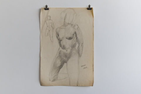 Vintage Original Female Nude Charcoal Drawing by Artist Robert Arthur Bramwell