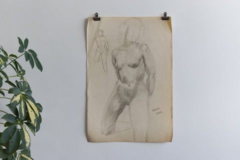 Vintage Original Female Nude Charcoal Drawing by Artist Robert Arthur Bramwell