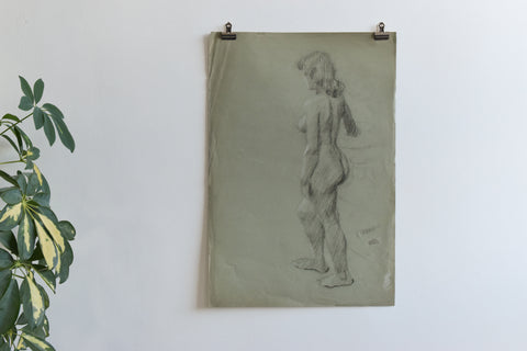 Vintage Original Female Nude Charcoal Drawing by Artist Robert Arthur Bramwell