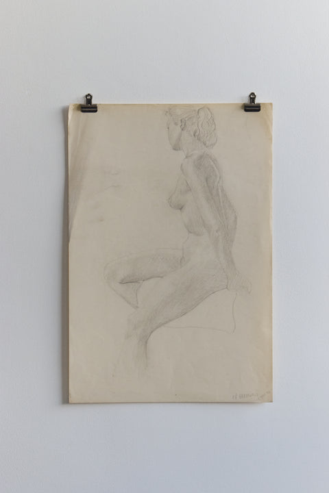 Vintage Original Seated Nude Female Pencil Drawing by Artist Robert Arthur Bramwell