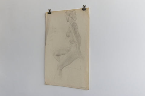 Vintage Original Seated Nude Female Pencil Drawing by Artist Robert Arthur Bramwell