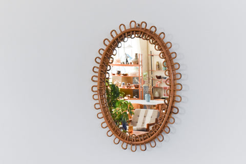 Vintage Oval Bamboo Franco Albini Style Mirror