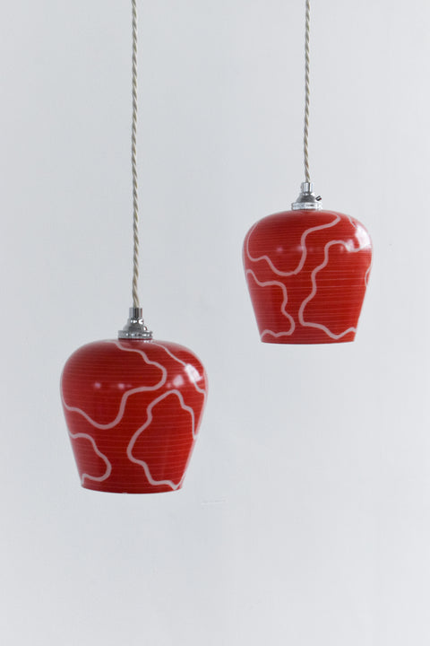 Vintage Pair of 1950s Red Patterned Glass Pendant Light Shades