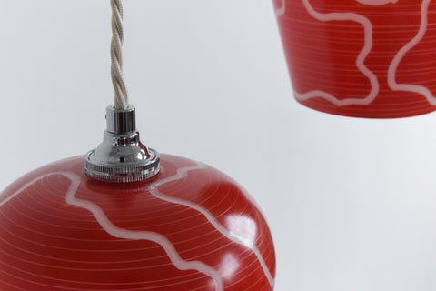 Vintage Pair of 1950s Red Patterned Glass Pendant Light Shades