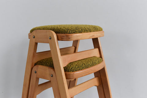 Vintage Pair of 1960s Wooden Stackable Stools in Green Boucle Fabric