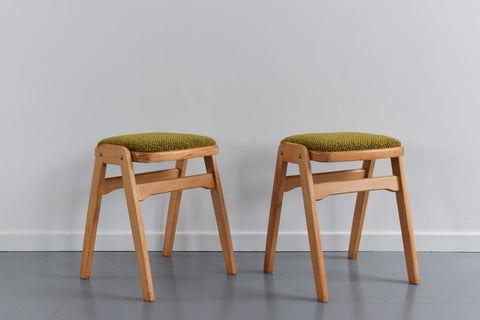 Vintage Pair of 1960s Wooden Stackable Stools in Green Boucle Fabric