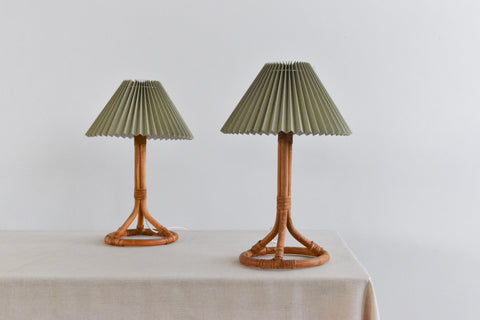 Vintage Pair of Bamboo Table Lamp Bases with New Sage Green Pleated Shades