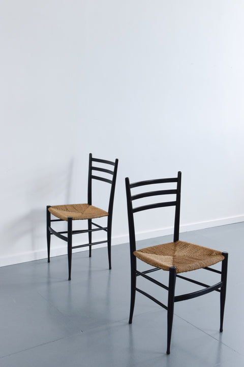 Vintage Pair of Gio Ponti Style Italian Ebonized Ladder Back Rush Dining Chairs
