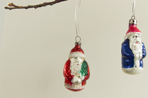 Vintage Pair of Glass Santa Christmas Tree Decorations / Ornaments