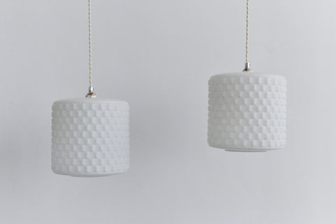 Vintage Pair of White Textured Opaline Glass Pendant Light Shades