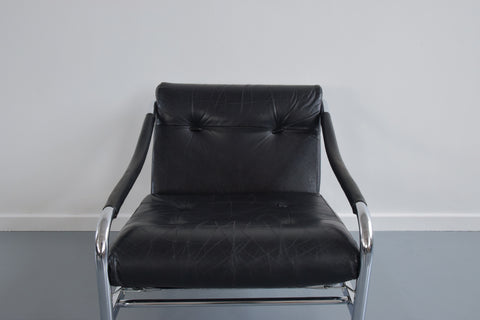 Vintage Pieff Kadia Black Leather and Chrome Arm Chair by Tim Bates