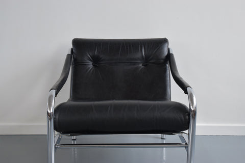 Vintage Pieff Kadia Black Leather and Chrome Arm Chair by Tim Bates