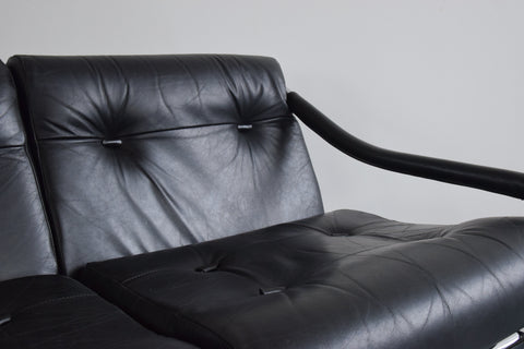 Vintage Pieff Kadia Black Leather and Chrome Three Seater Sofa by Tim Bates