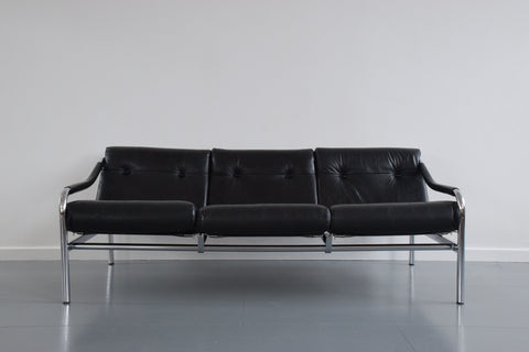 Vintage Pieff Kadia Black Leather and Chrome Three Seater Sofa by Tim Bates