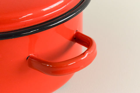 Vintage Red Enamel Cooking / Stewing Pot with Lid