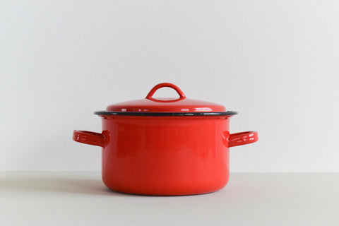 Vintage Red Enamel Cooking / Stewing Pot with Lid