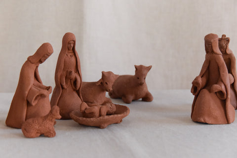 Vintage Rustic Hand Made Folk Art Terracotta Nativity Set