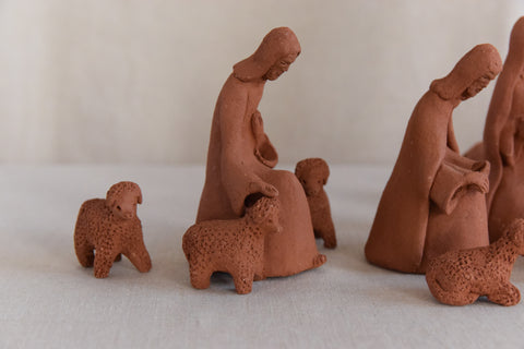 Vintage Rustic Hand Made Folk Art Terracotta Nativity Set