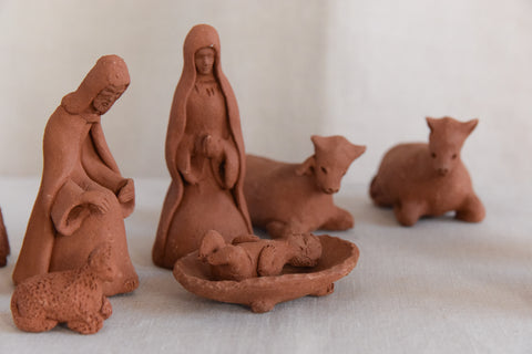 Vintage Rustic Hand Made Folk Art Terracotta Nativity Set