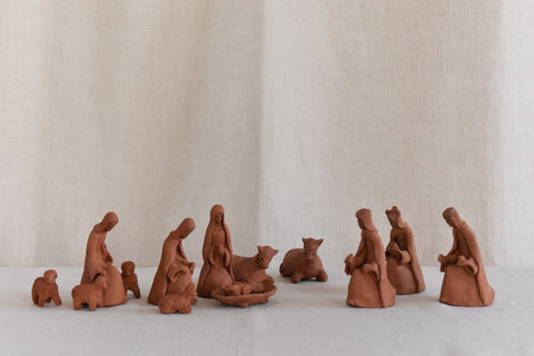 Vintage Rustic Hand Made Folk Art Terracotta Nativity Set