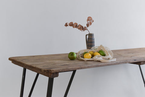 Vintage Rustic Wooden Folding Trestle Table with Metal Legs