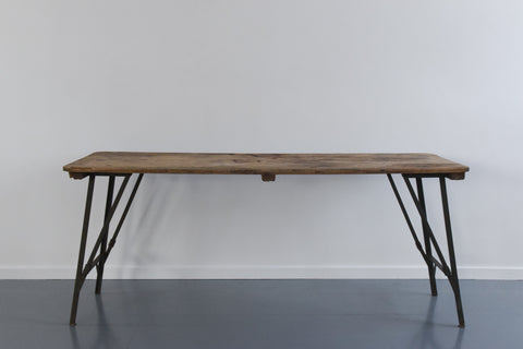 Vintage Rustic Wooden Folding Trestle Table with Metal Legs
