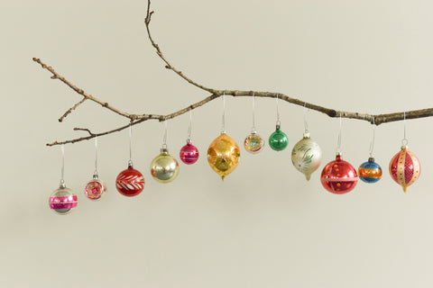 Vintage Glass Christmas Tree Baubles / Ornaments Set of 12 Boxed Assorted