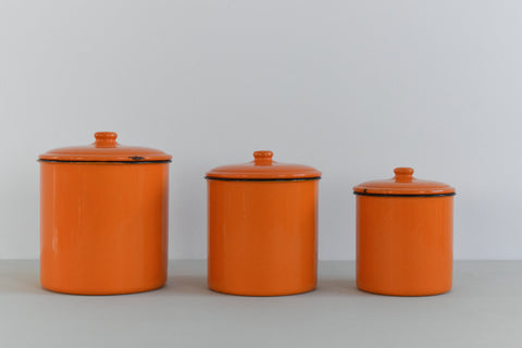 Vintage Set of 3 Orange Japanese Enamel Storage Jars / Canisters / Containers