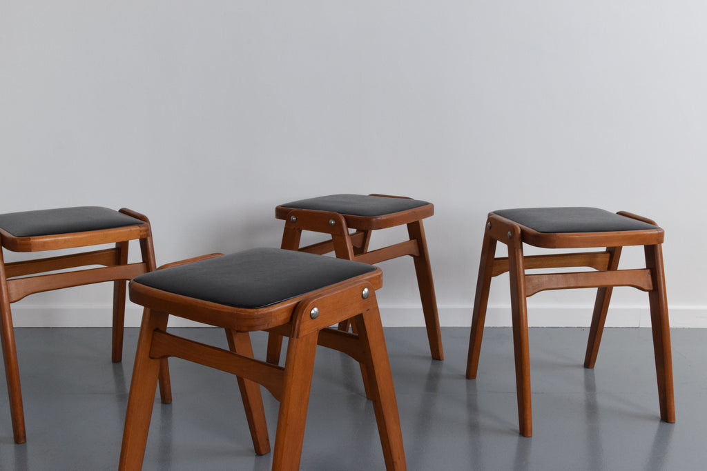 Vintage Set of Four 1960s Wooden Stackable Stools in Black Vinyl ...