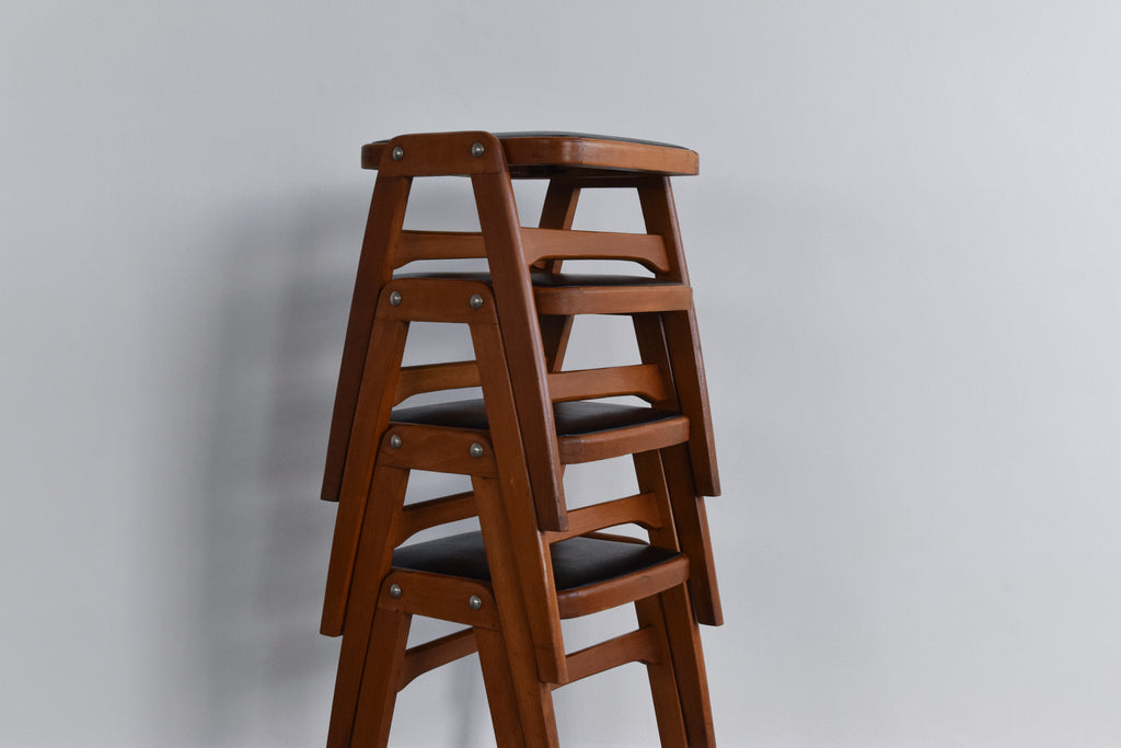 Vintage Set of Four 1960s Wooden Stackable Stools in Black Vinyl ...