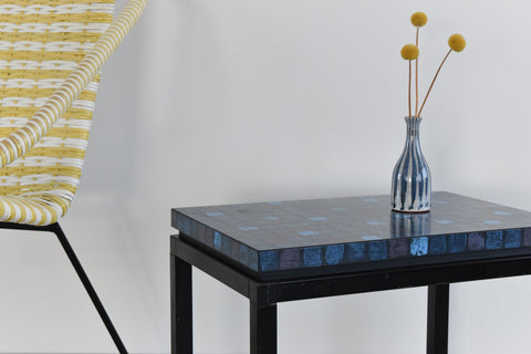 Vintage Small Blue Patterned Formica Coffee / End Table / Plant Stand