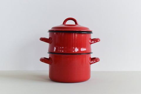 Vintage Small Double Red Enamel Steamer Pan with Lid