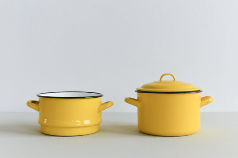 Vintage Small Double Yellow Enamel Steamer Pan with Lid