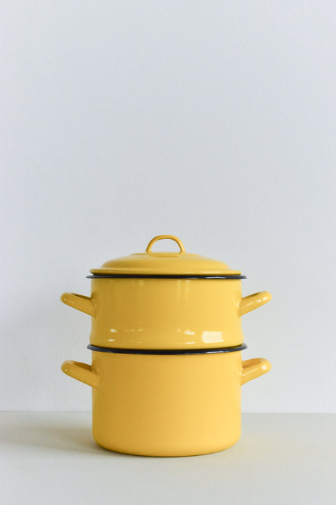 Vintage Small Double Yellow Enamel Steamer Pan with Lid