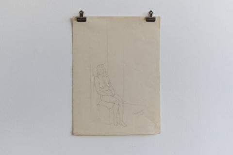 Vintage Small Original Seated Nude Female Pencil Drawing by Artist Robert Arthur Bramwell