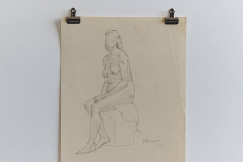 Vintage Small Original Seated Nude Female Pencil Drawing by Artist Robert Arthur Bramwell