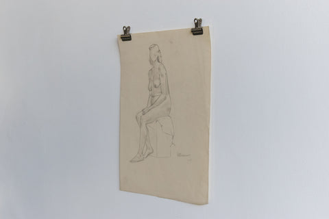 Vintage Small Original Seated Nude Female Pencil Drawing by Artist Robert Arthur Bramwell